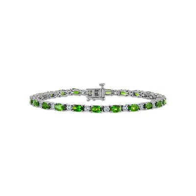 5X3MM Oval Chrome Diopside and Topaz 7-inch Tennis Bracelet in Rhodium Plated Sterling Silver