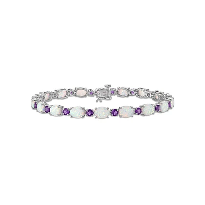 7X5MM Oval Opal and Amethyst 7.5-inch Tennis Bracelet in Rhodium Plated Sterling Silver