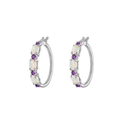 6X4MM Oval Opal and Amethyst Hoop Earrings in Rhodium Plated Sterling Silver