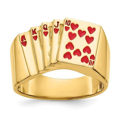 14k Enameled Royal Flush in Hearts Mens Ring. Size 10