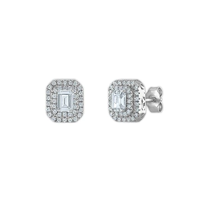 5/8 CTW Diamond Halo Stud Emerald Shape Earrings in 10KT White Gold