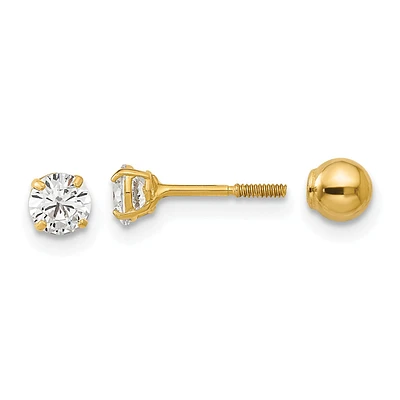 14KT Yellow Gold 4MM Cubic Zirconia Reversible Stud Earrings