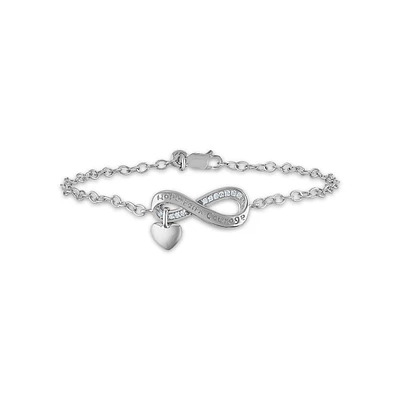 1/10 CTW Diamond 7-inch Infinity Heart Hope Faith Courage Bracelet in Rhodium Plated Sterling Silver