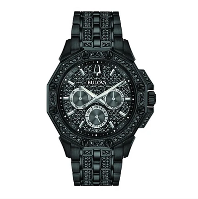 Bulova Crystal Collection Watch with 41MM Black Round Dial and Stainless Steel Bracelet. 98C134