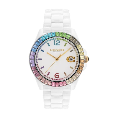 Coach Greyson Rainbow Crystal Accent 36MM White Ceramic Watch. 14504019