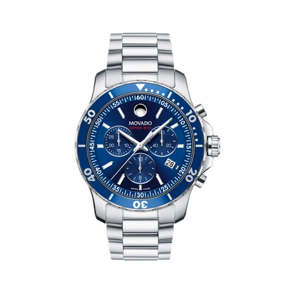 Movado Series 800 with 42MM Blue Chronograph Dial and Stainless Steel Bracelet. 2600141