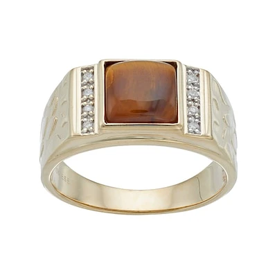 Cushion Tiger Eye and Diamond Gem Stone Nugget Ring in 10KT Yellow Gold