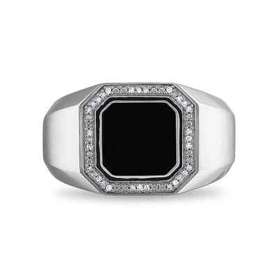 10MM Square Onyx and Diamond Ring in Rhodium Plated Sterling Silver