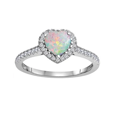 6MM Heart Shape Opal and White Sapphire Birthstone Heart Halo Ring in 10KT White Gold