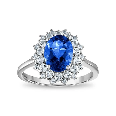 9X7MM Oval Blue Sapphire and White Sapphire Halo Ring in Sterling Silver