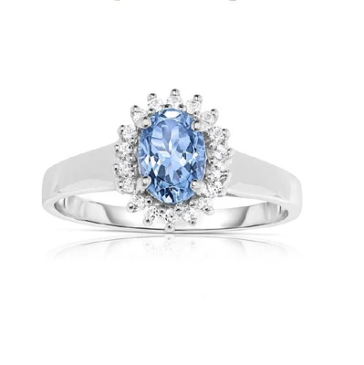 7X5MM Aquamarine and White Topaz Halo Ring in 10KT White Gold