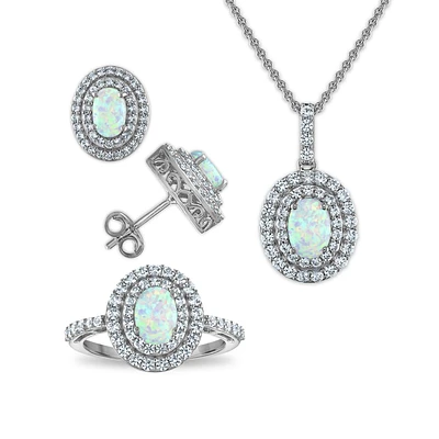 Oval Opal and Sapphire Halo Pendant Jewelry Set in Rhodium Plated Sterling Silver