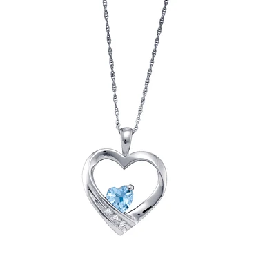 Aquamarine and Diamond Birthstone Heart 18-inch Pendant in Sterling Silver