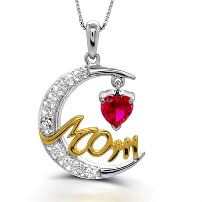 Heart Shape Ruby and White Sapphire Mom 18-inch Pendant in Sterling Silver