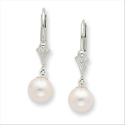 8MM Round Pearl Leverback Earrings in 14KT White Gold