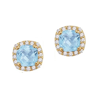 5MM Simulated Aquamarine and White Sapphire Stud Earrings in 10KT Yellow Gold