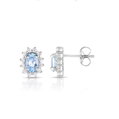 6X4MM Oval Aquamarine and White Topaz Halo Earrings in 10KT White Gold