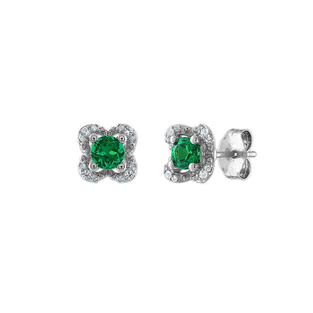 4MM Round Emerald and White Sapphire Birthstone Flower Halo Stud Earrings in Sterling Silver