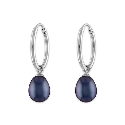 Round Pearl Hoop Drop & Dangle 6-7.5MM Black Earrings in Rhodium Plated Sterling Silver