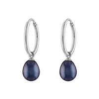 Round Pearl Hoop Drop & Dangle 6-7.5MM Black Earrings in Rhodium Plated Sterling Silver