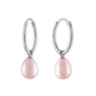 Round Pearl Hoop Drop & Dangle 6-7.5MM Pink Earrings in Rhodium Plated Sterling Silver