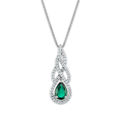 Created Emerald and White Sapphire 18-inch Pendant in Sterling Silver