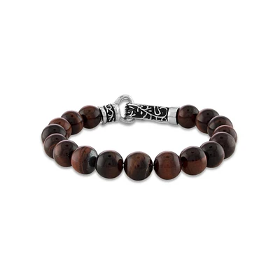 10MM Round Tiger Eye Beaded Bracelet in Stainless Steel