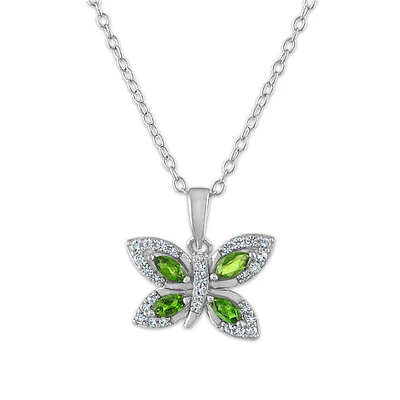 4X2MM Marquise Chrome Diopside and White Topaz Fashion Butterly 18-inch Pendant in Rhodium Plated Sterling Silver