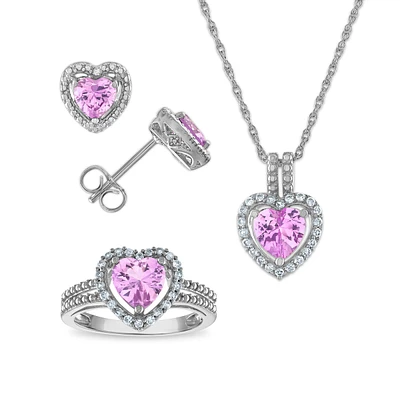 Created Pink and White Sapphire Ring Pendant Earrings Set in Sterling Silver