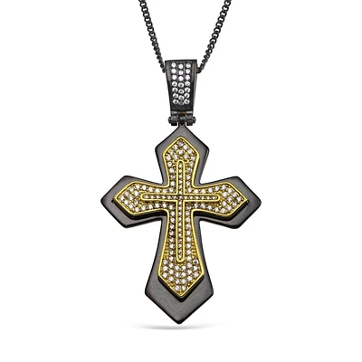 Luxe Layers Two-Tone Stainless Steel Cubic Zirconia 70X42MM 24-inch Cross Pendant