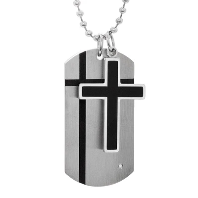 Stainless Steel Diamond Accent Cross and Dog Tag 24-inch Pendant