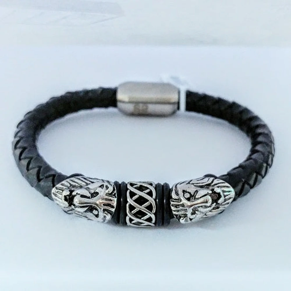 Stainless Steel Black Leather Bracelet