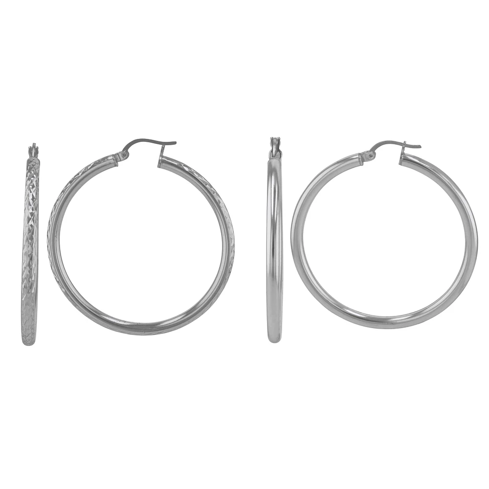 Sterling Silver 3x45MM 2-Pair Hoop Earrings