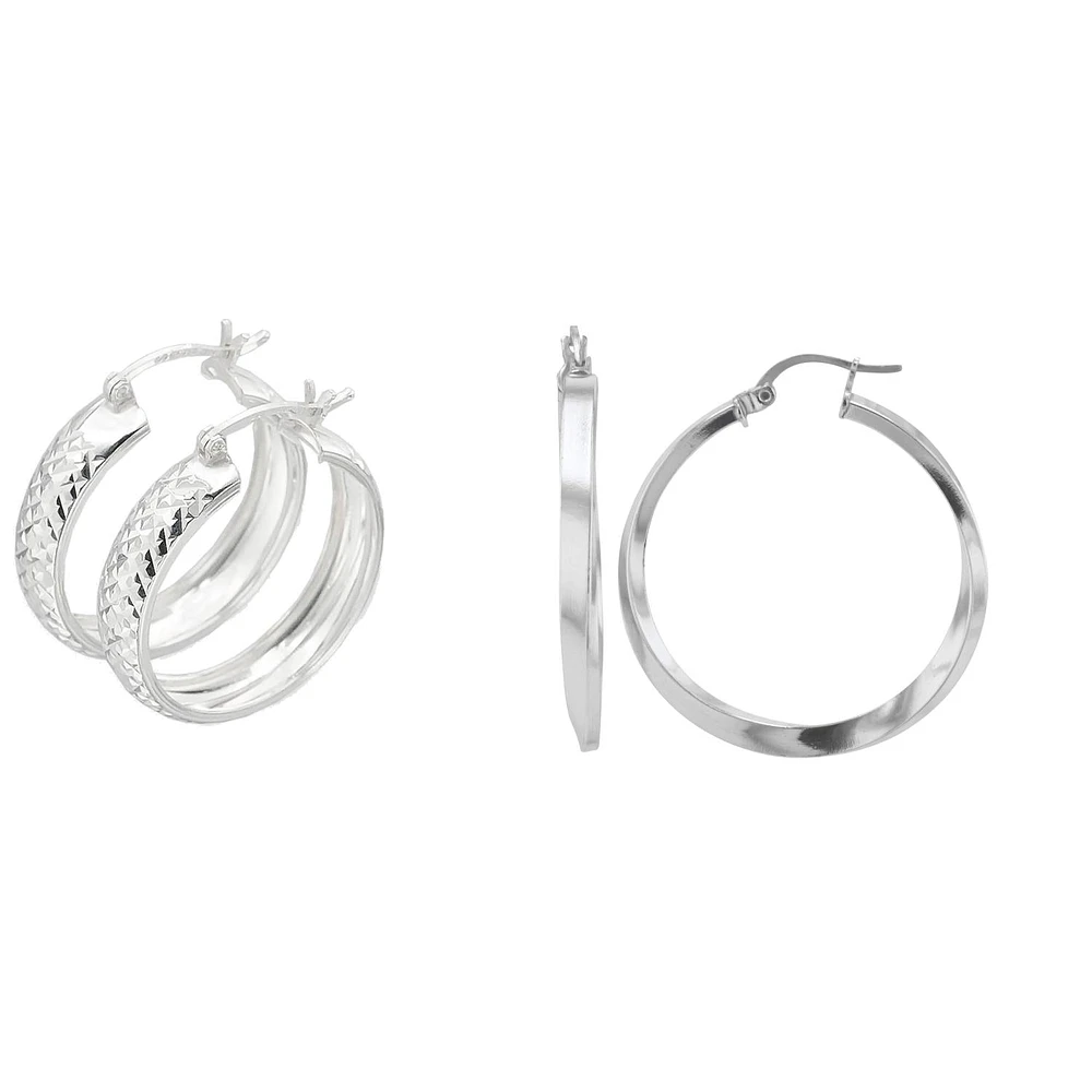 Sterling Silver 3X30MM and 6X25MM 2-Pair Hoop Earrings Set