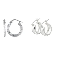 Sterling Silver 2X18MM and 6X12MM 2-Pair Hoop Earrings Set