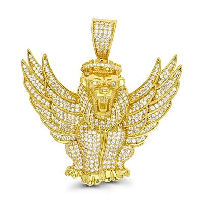 Luxe Layers 14KT Yellow Gold Plated Sterling Silver Cubic Zirconia 51X48MM Lion with Crown and Wings Pendant. Chain Not Included