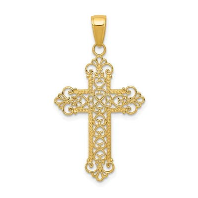 14KT Yellow Gold 36X19MM Fleur De Lis Cross Pendant. Chain Not Included