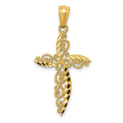 14KT Yellow Gold 30X16MM Diamond-cut Filigree Cross Pendant. Chain Not Included