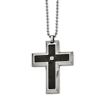 Stainless Steel Blk Carbon Fiber Inlay .01ct Diamond Accent Cross Pendant