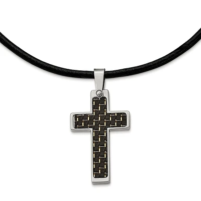 Stainless Steel Black Carbon Fiber Inlay Cross 18in Leather Cord Necklace