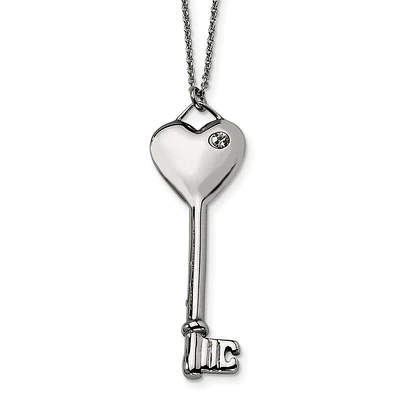 Stainless Steel Heart with CZ Key Pendant