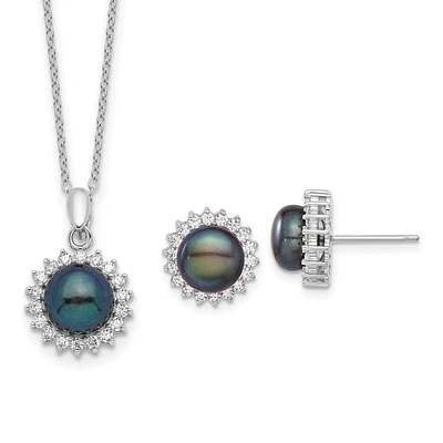 Black Pearl and CZ Pendant Earrings Set in Sterling Silver