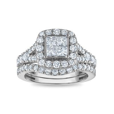 1-1/2 CTW Diamond Halo Cushion Shape Bridal Set in 10KT White Gold