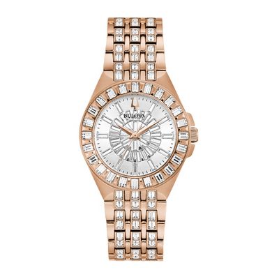 Bulova Crystal Collection with 32X32 MM Silvertone Round Dial Stainless Steel Watch Band; 98L268