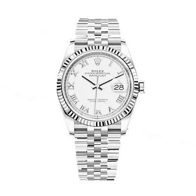 Certified Pre-Owned Rolex Oyster Perpetual Datejust with 36X36 MM Silvertone Round Dial Stainless Steel Jubilee; with 18K Gold Bezel