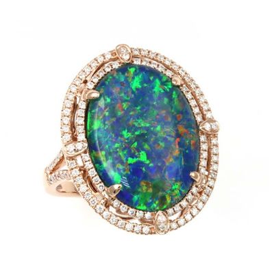 Color Sensations 20X15MM Oval Opal Triplet and Diamond Gemstone Halo Ring in 14KT Rose Gold
