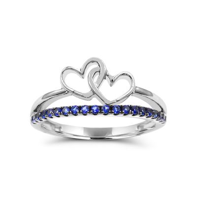 Round Sapphire Double Heart Promise Ring in Sterling Silver