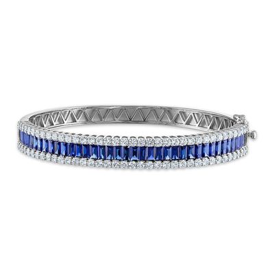 4X2MM Baguette Blue Sapphire and White Sapphire Bangle 7" Bracelet in Sterling Silver