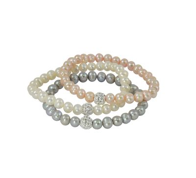 6X7MM Round Pearl and Crystal 3-Pair Bracelet in Rhodium Plated Brass