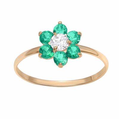 10KT Yellow Gold Emerald Childrens Birthstone Flower Ring; Size 3